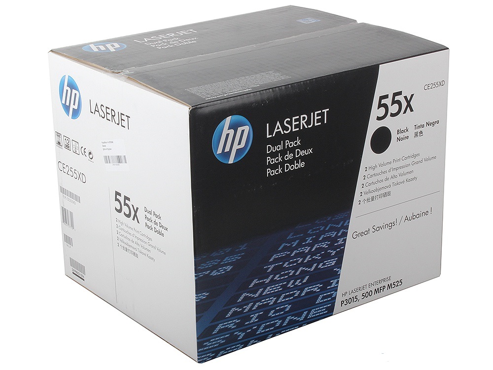 Комплект картриджей HP CE255XD 55X оригинальный чёрный для принтеров HP LaserJet Enterprise P3015 | HP LaserJet Enterprise 500 MFP M525